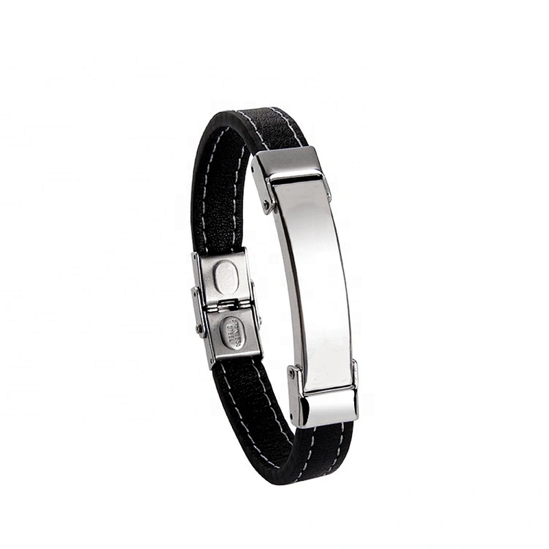 Wholesale stainless steel blanks charm PU leather bracelet