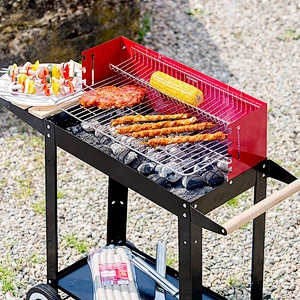 Red Rectangular Charcoal Patio BBQ Grill With Side Table