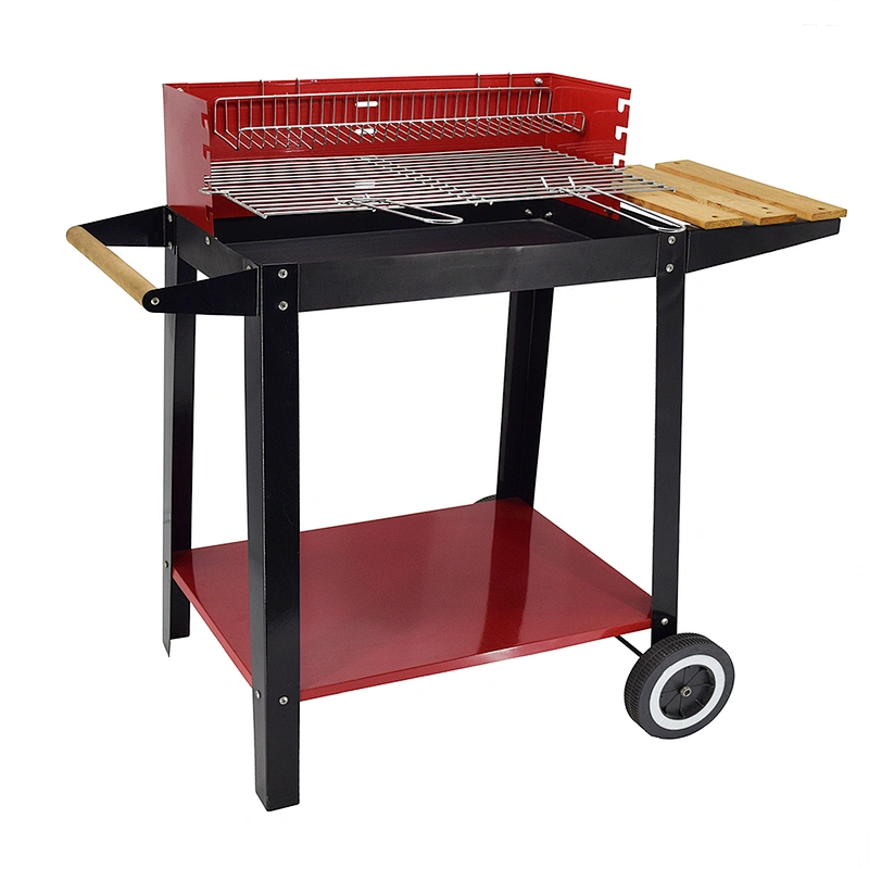 Red Rectangular Charcoal Patio BBQ Grill With Side Table