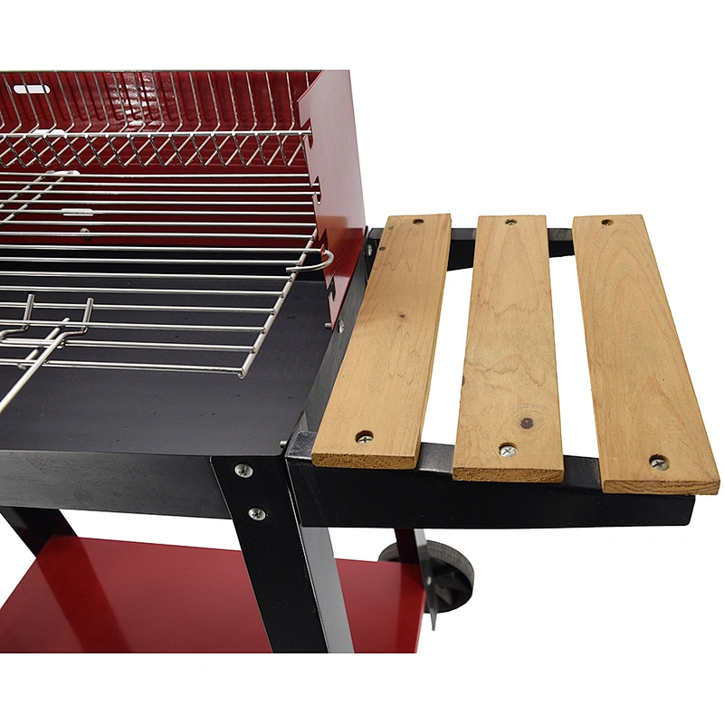 Red Rectangular Charcoal Patio BBQ Grill With Side Table