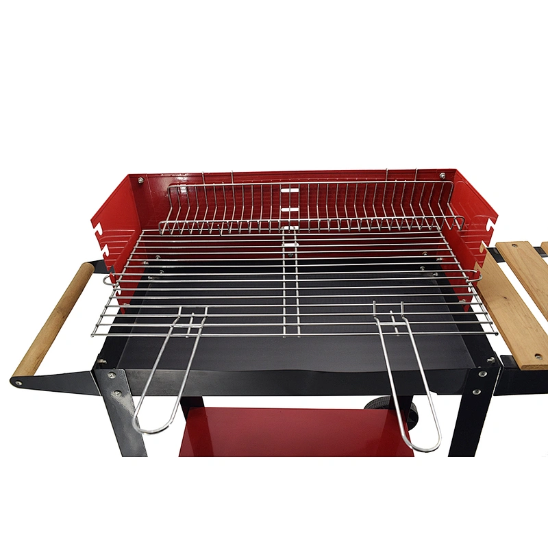 Red Rectangular Charcoal Patio BBQ Grill With Side Table