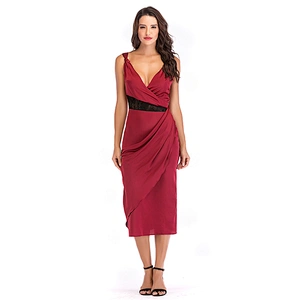 Custom Manufacturing Deep-V-neck Lace Satin Slit Cocktail Midi Evening Dress with Ruffle