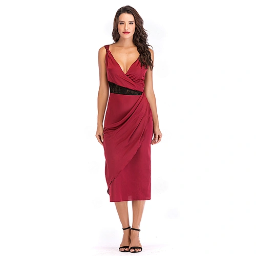 Custom Manufacturing Deep-V-neck Lace Satin Slit Cocktail Midi Evening Dress with Ruffle