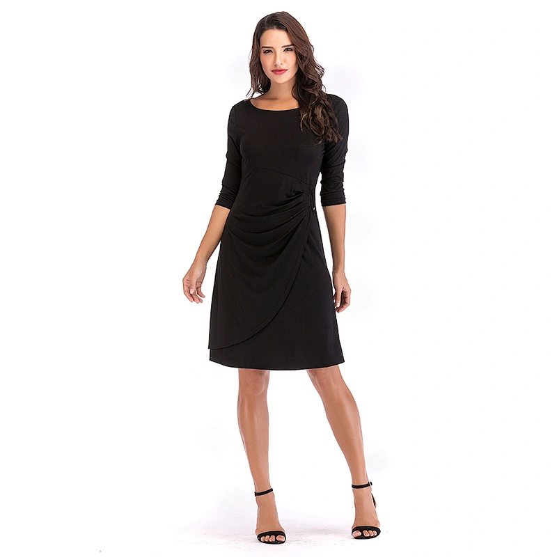 Women 3 4 Long Sleeve and Sleeveless Round Neck Knee Length Fit Flare Swing Casual Vintage Dress