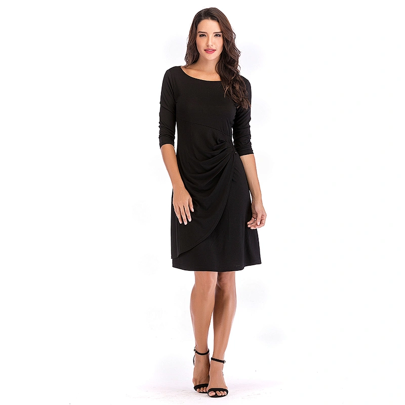 Women 3 4 Long Sleeve and Sleeveless Round Neck Knee Length Fit Flare Swing Casual Vintage Dress