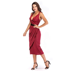 Custom Manufacturing Deep-V-neck Lace Satin Slit Cocktail Midi Evening Dress with Ruffle