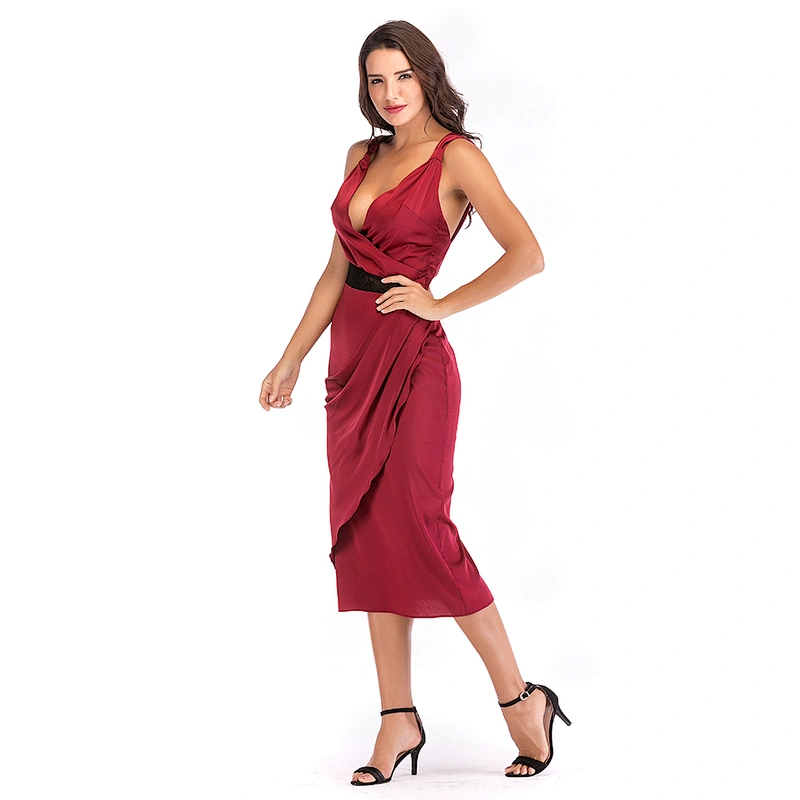 Custom Manufacturing Deep-V-neck Lace Satin Slit Cocktail Midi Evening Dress with Ruffle