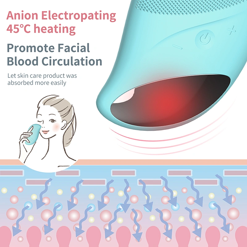 New design silicone facial cleansing brush with heating and negative-ion import function