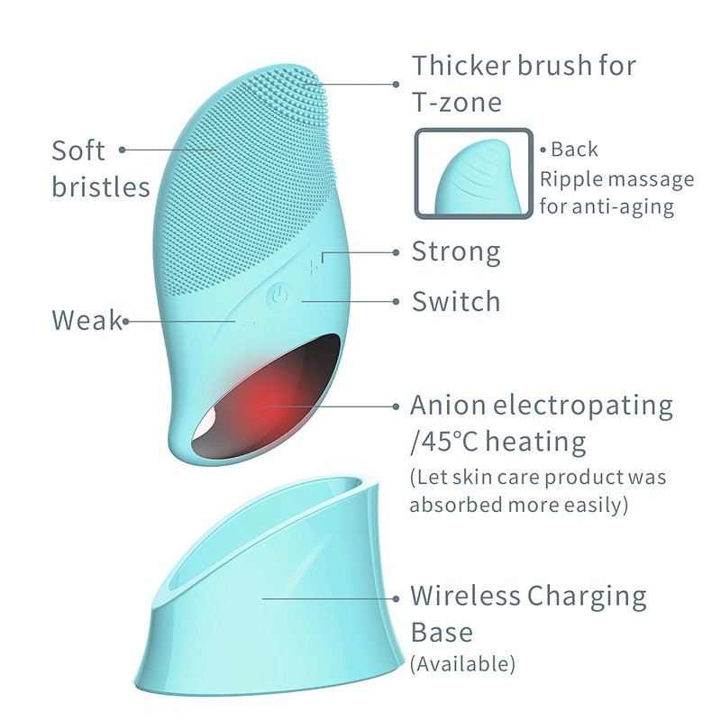 New design silicone facial cleansing brush with heating and negative-ion import function
