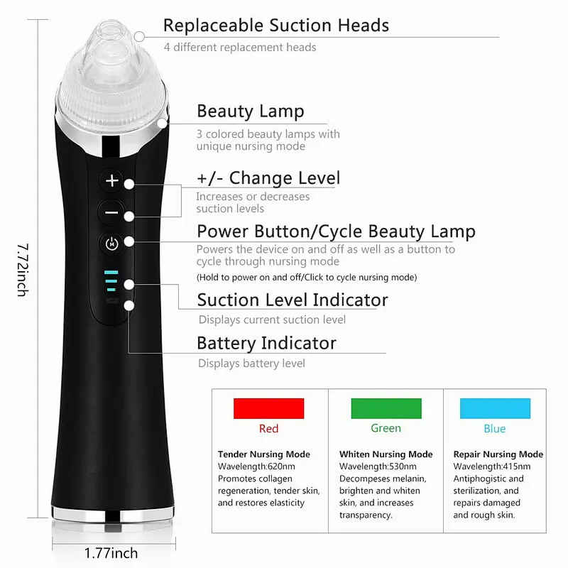 3 color LED lights blackhead remover vacuum Face Pore Cleaner