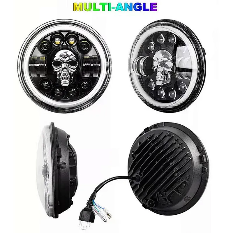 Skull RGB Super Bright LED Lamp Angle Eyes Daymaker Halo Ring DRL Round Motorcycle 7 Inch LED Headlights for JK