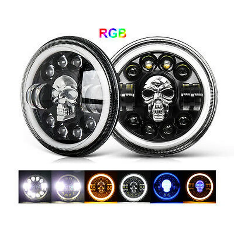 Skull RGB Super Bright LED Lamp Angle Eyes Daymaker Halo Ring DRL Round Motorcycle 7 Inch LED Headlights for JK