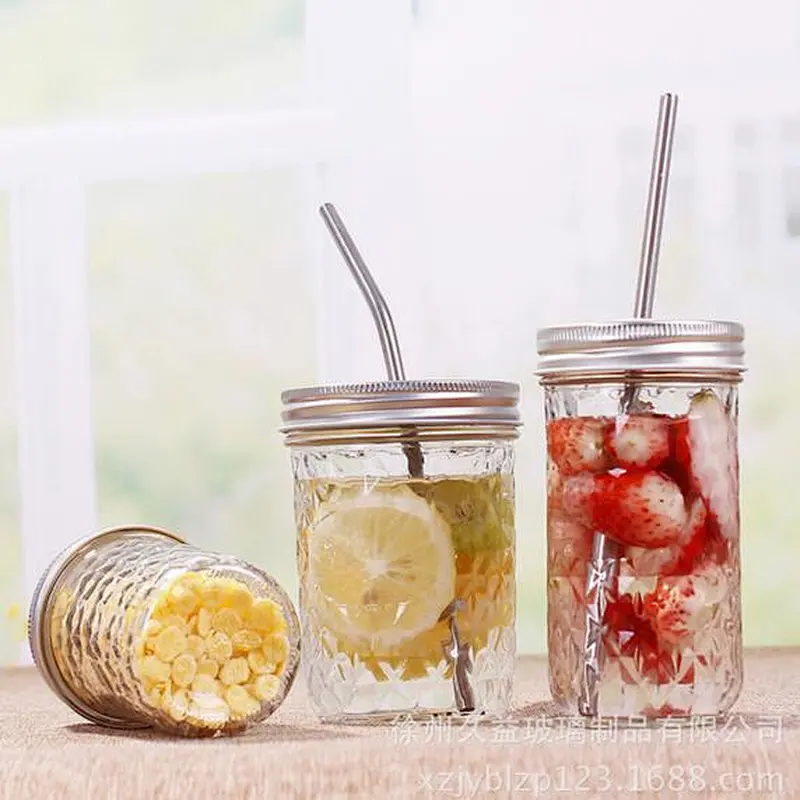 Ball Quilted Crystal jelly jar with metal lid straws