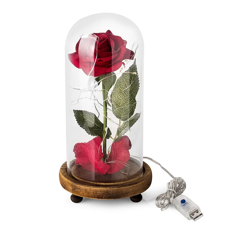 Red Rose in a Glass Dome on a Wooden Base