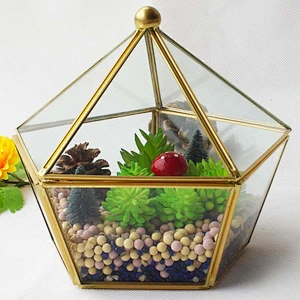 Copper Framed Geometric Glass Terrarium with Swing Top Lid for Home Decoration
