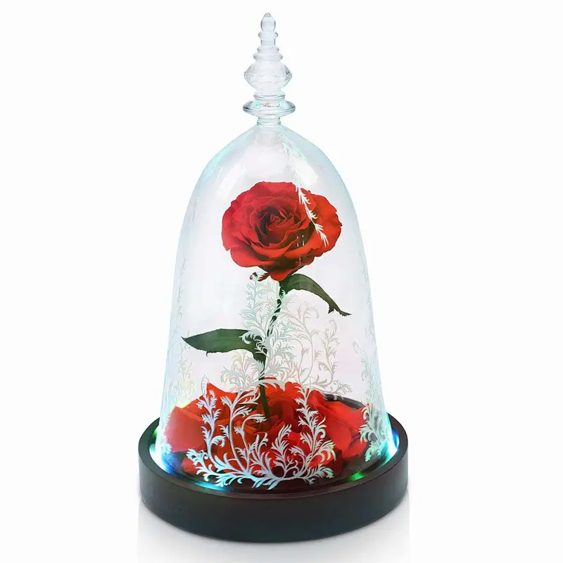2018 Wholesale New Product Preserved Rose In Cloche Glass Dome With Wooden Base