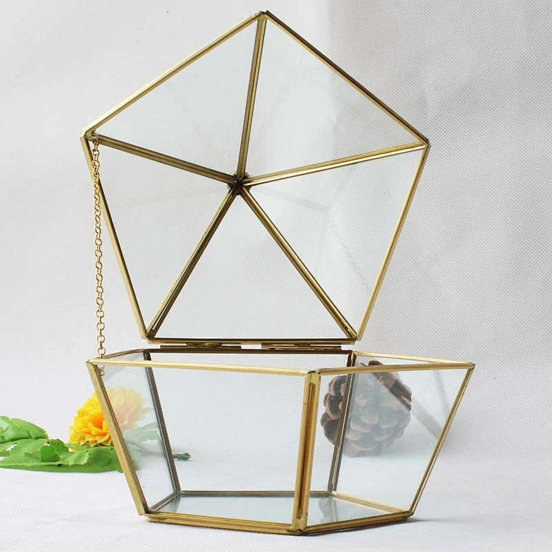 Copper Framed Geometric Glass Terrarium with Swing Top Lid for Home Decoration