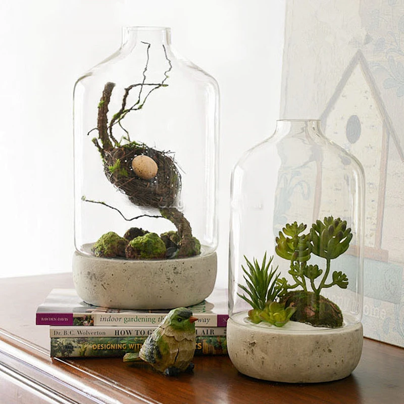 Transparent Glass Vase with Cement Bottom For Decoration