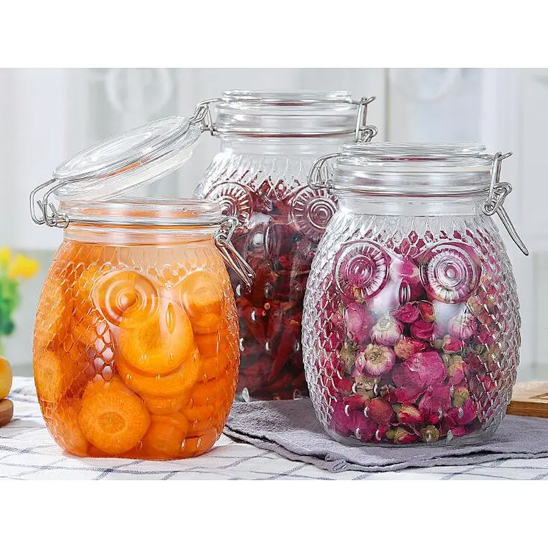 1000ml,1400ml,2000ml wide mouth owl shape leakproof glass food storage jar container with Clamp airtight lid & silicon gasket