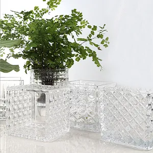 Transparent square 100*100 mm Handblown Glass Vase with different geometric pattern for Home Deco and Flower