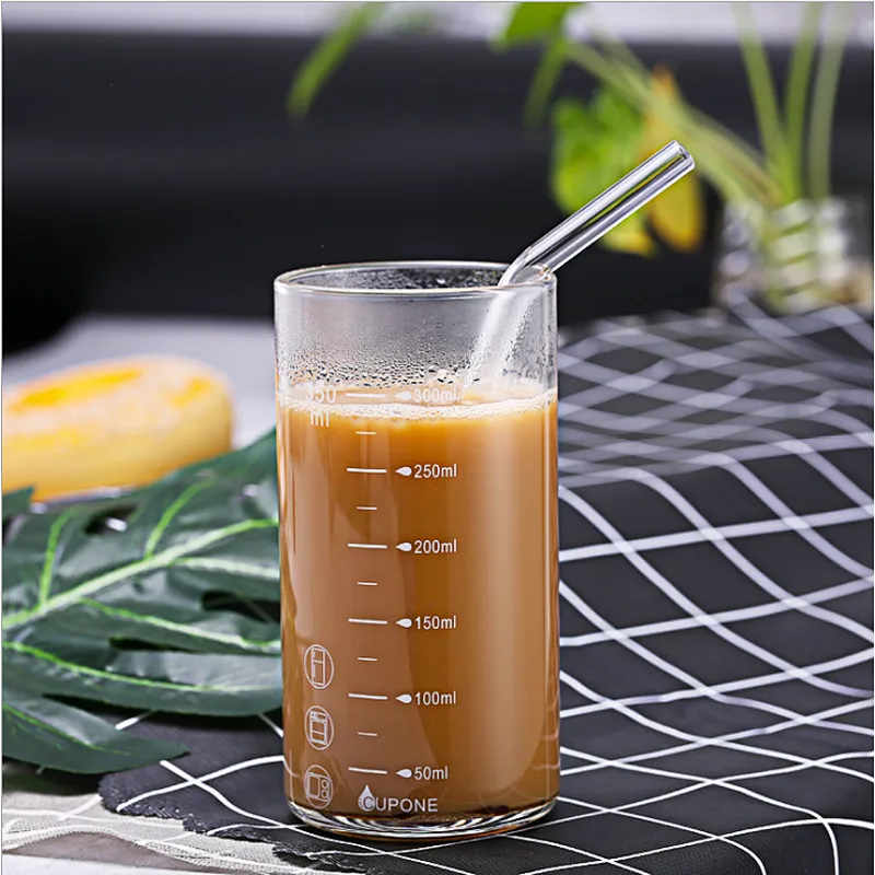 300ml 350ml  Glass Cup graduated glass with glass straw breakfast milk cup