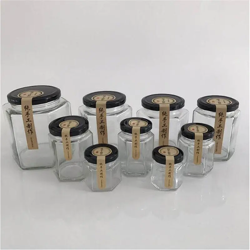 Wholesale Price Clear 6oz/12oz/24oz Hexagon Glass Honey Jam Jar With Metal Screw Lid