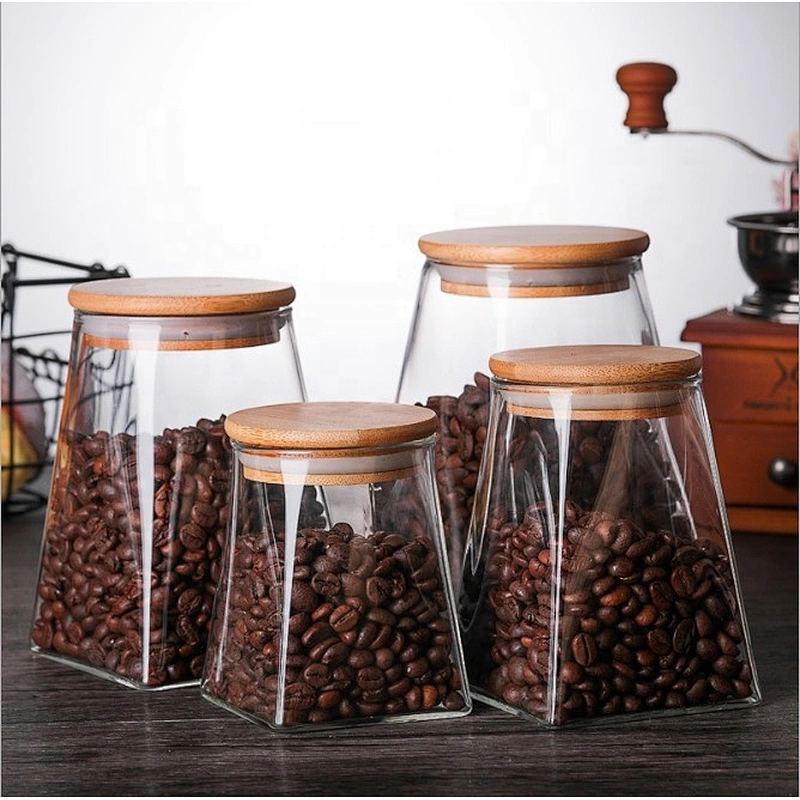 Glass Coffee Bean & Kitchen food Container with Natural High grade wood Lid and Silicone Seal Ring