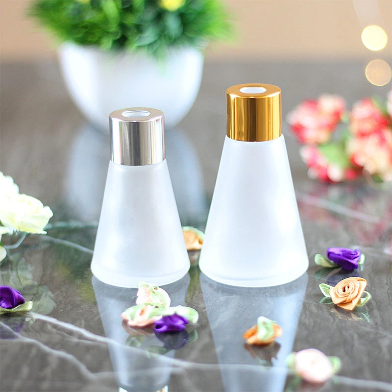Wholesale 30ml/50ml Frosted Circular Cone Shape Reed Glass Diffuser Bottle With Metal Ring Cover