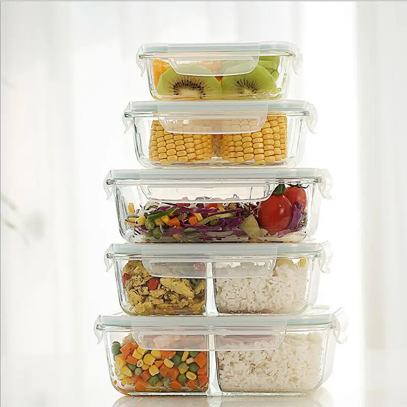 Wholesale easy snap lock high borosilicate microwavable 2 Compartment glass prep meal food container, lunch box