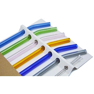 Reusable Bent Glass Drinking Straws, Set of 6 With 2 Cleaning Brushes