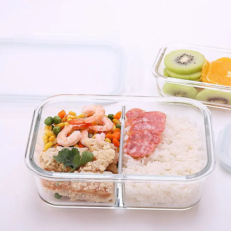 Wholesale easy snap lock high borosilicate microwavable 2 Compartment glass prep meal food container, lunch box