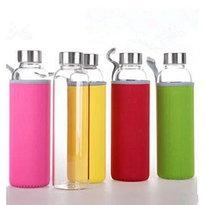 Logo Customized 300ml/450ml/500ml Sport High Borosilicate Glass Bottle With Stainless Steel Screw Cap and Sleeve For Promotion