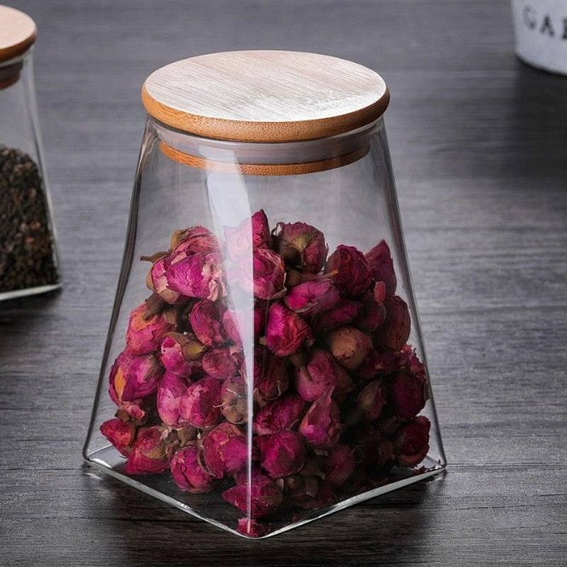 Glass Coffee Bean & Kitchen food Container with Natural High grade wood Lid and Silicone Seal Ring