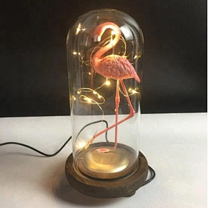 Hot-selling flamingo preserved flower in glass dome cover with wooden bottom  for Mother's Day Valentiine
