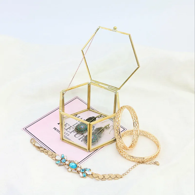 10.5*10*6cm and 7.5*7*4.3cm Geometric shape handicraft jewelry receipt box copper terrarium gift box and greenhouse for deco