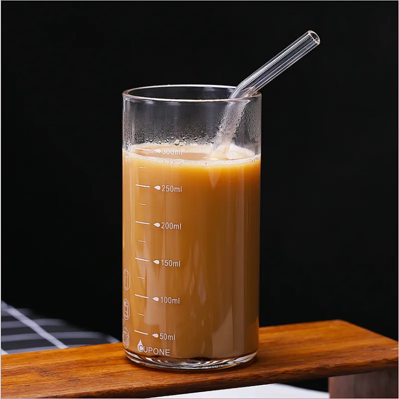 300ml 350ml  Glass Cup graduated glass with glass straw breakfast milk cup