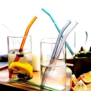 Reusable Bent Glass Drinking Straws, Set of 6 With 2 Cleaning Brushes