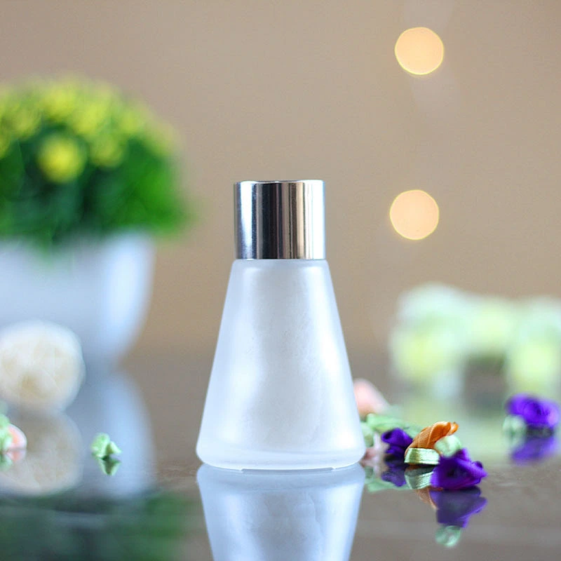 Wholesale 30ml/50ml Frosted Circular Cone Shape Reed Glass Diffuser Bottle With Metal Ring Cover