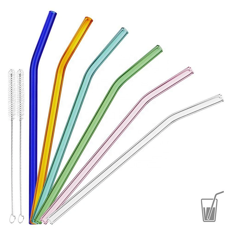 Reusable Bent Glass Drinking Straws, Set of 6 With 2 Cleaning Brushes