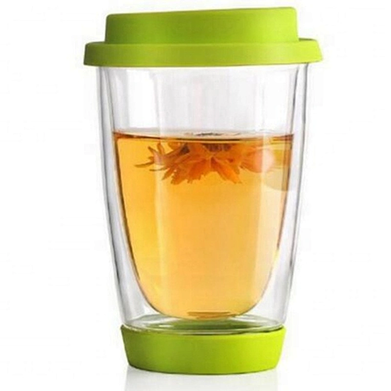 Hand-made heat-resisting double wall 350ml glass cup with color lid logo customizable