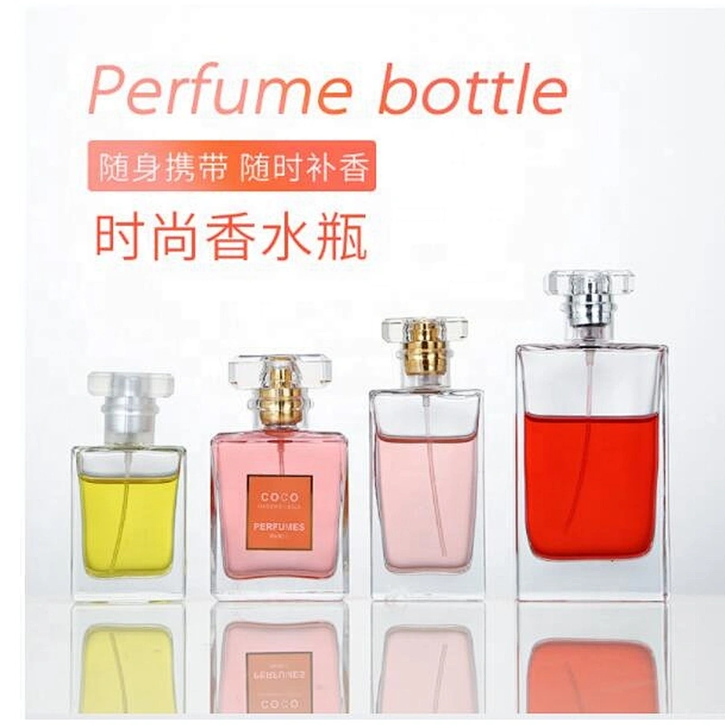 Clear glass Perfume Bottle 30ml 50ml 100ml square perfume bottle with screw sprayer