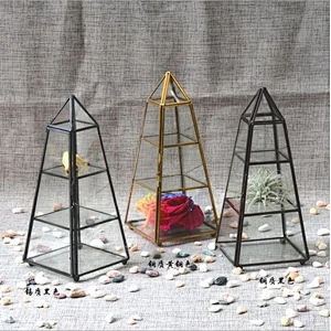 Vintage Style  3 layers Tower Shape Copper & Glass Jewelry Display Stand Wristwatch Showcase