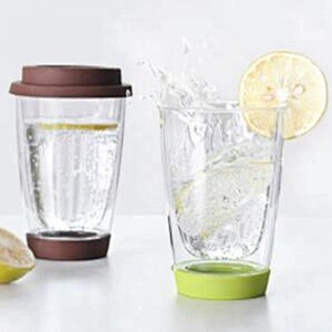Hand-made heat-resisting double wall 350ml glass cup with color lid logo customizable