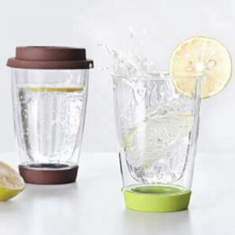 Hand-made heat-resisting double wall 350ml glass cup with color lid logo customizable