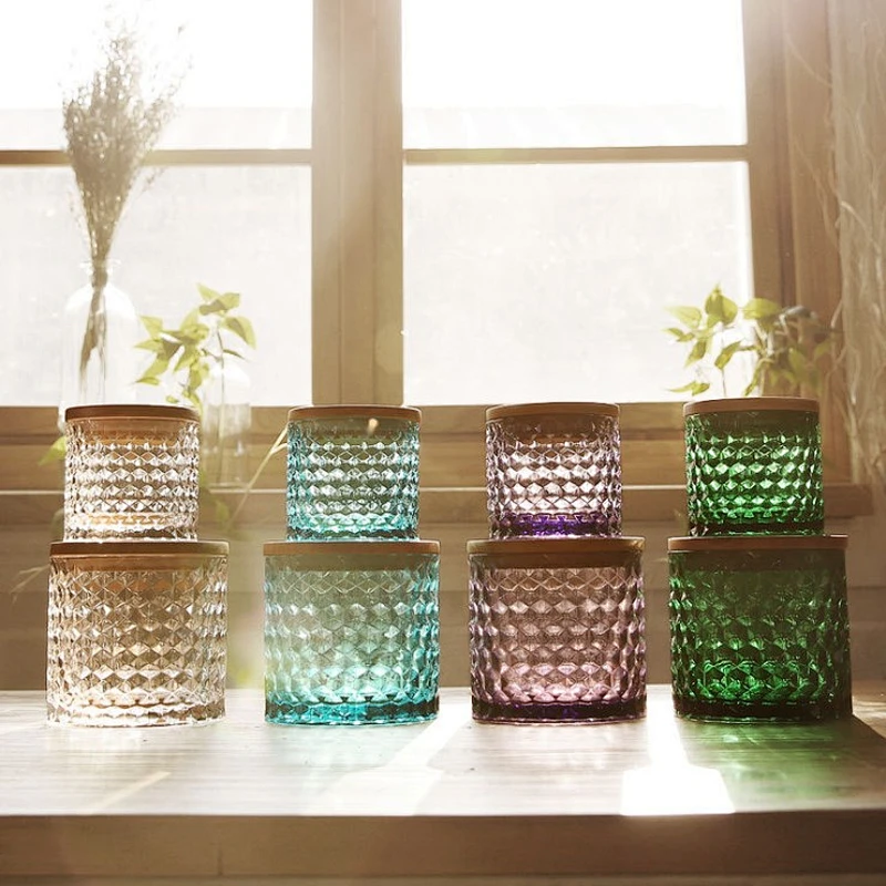 Wholesale Lead-free empty antique colored Embossment Glass storage  jars, Snack candy storage jars, tea canister