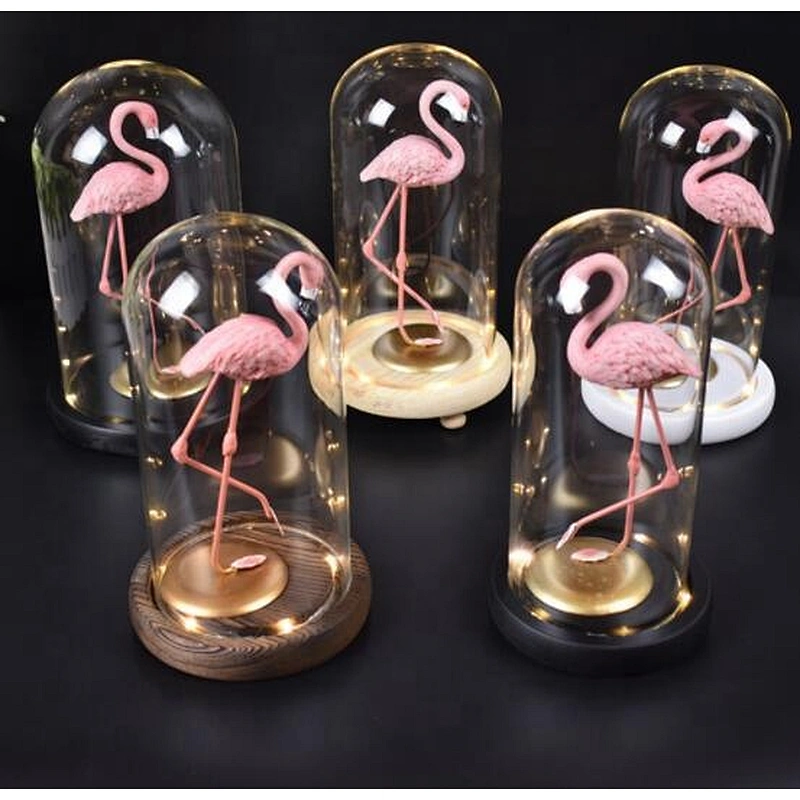 Hot-selling flamingo preserved flower in glass dome cover with wooden bottom  for Mother's Day Valentiine