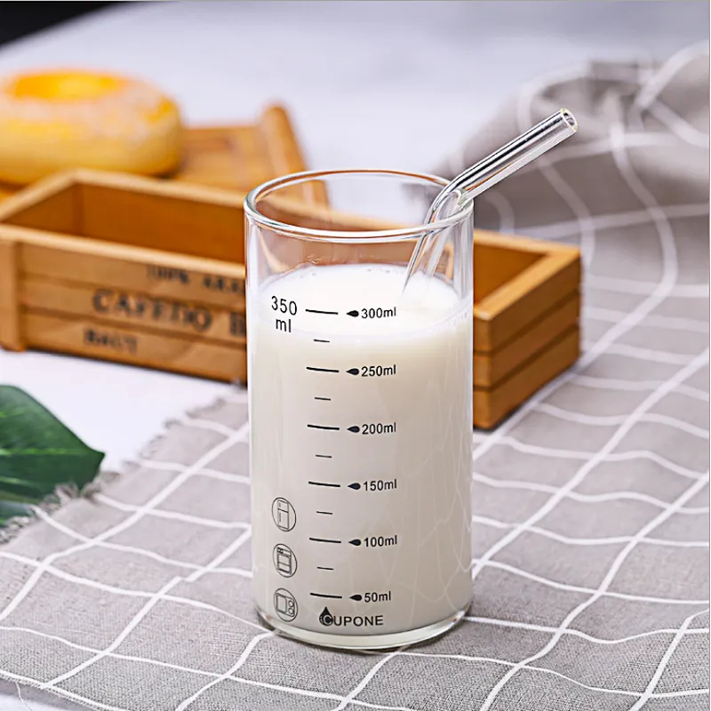 300ml 350ml  Glass Cup graduated glass with glass straw breakfast milk cup