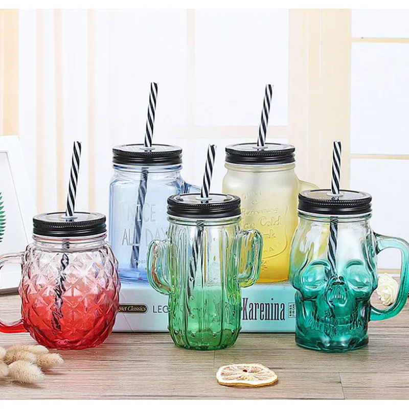 Lovely  Pattern Hot Cold Drinking Glass Mason Jar With Straw