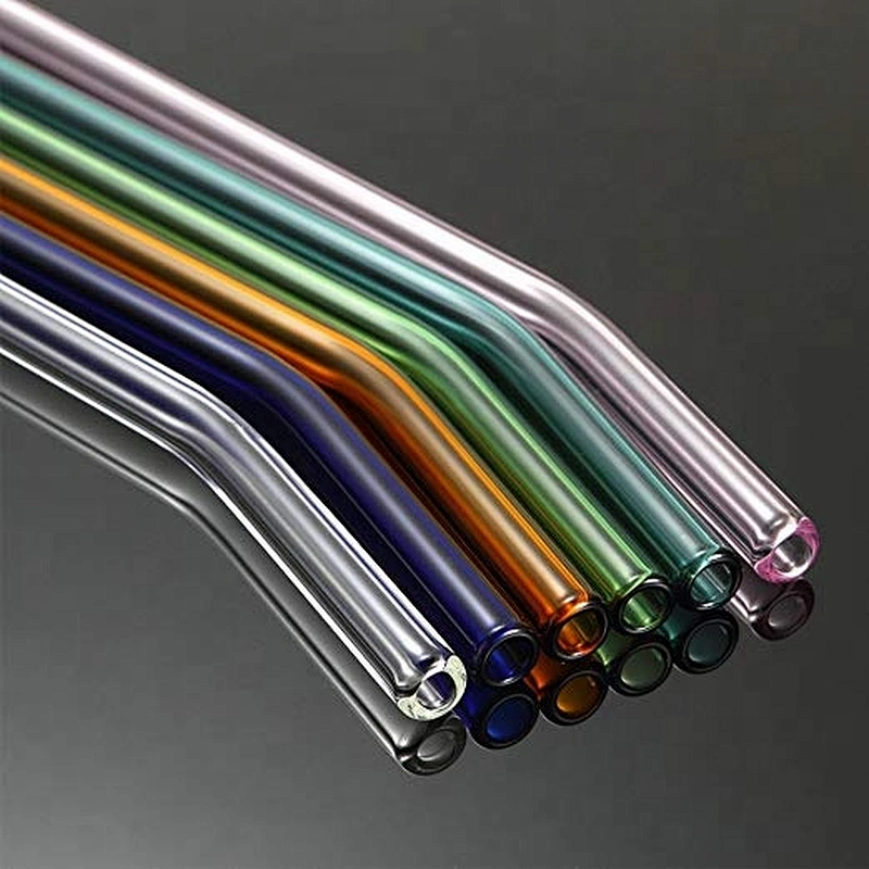 Reusable Bent Glass Drinking Straws, Set of 6 With 2 Cleaning Brushes