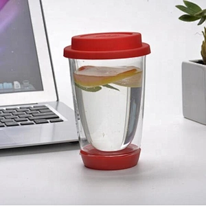 Hand-made heat-resisting double wall 350ml glass cup with color lid logo customizable